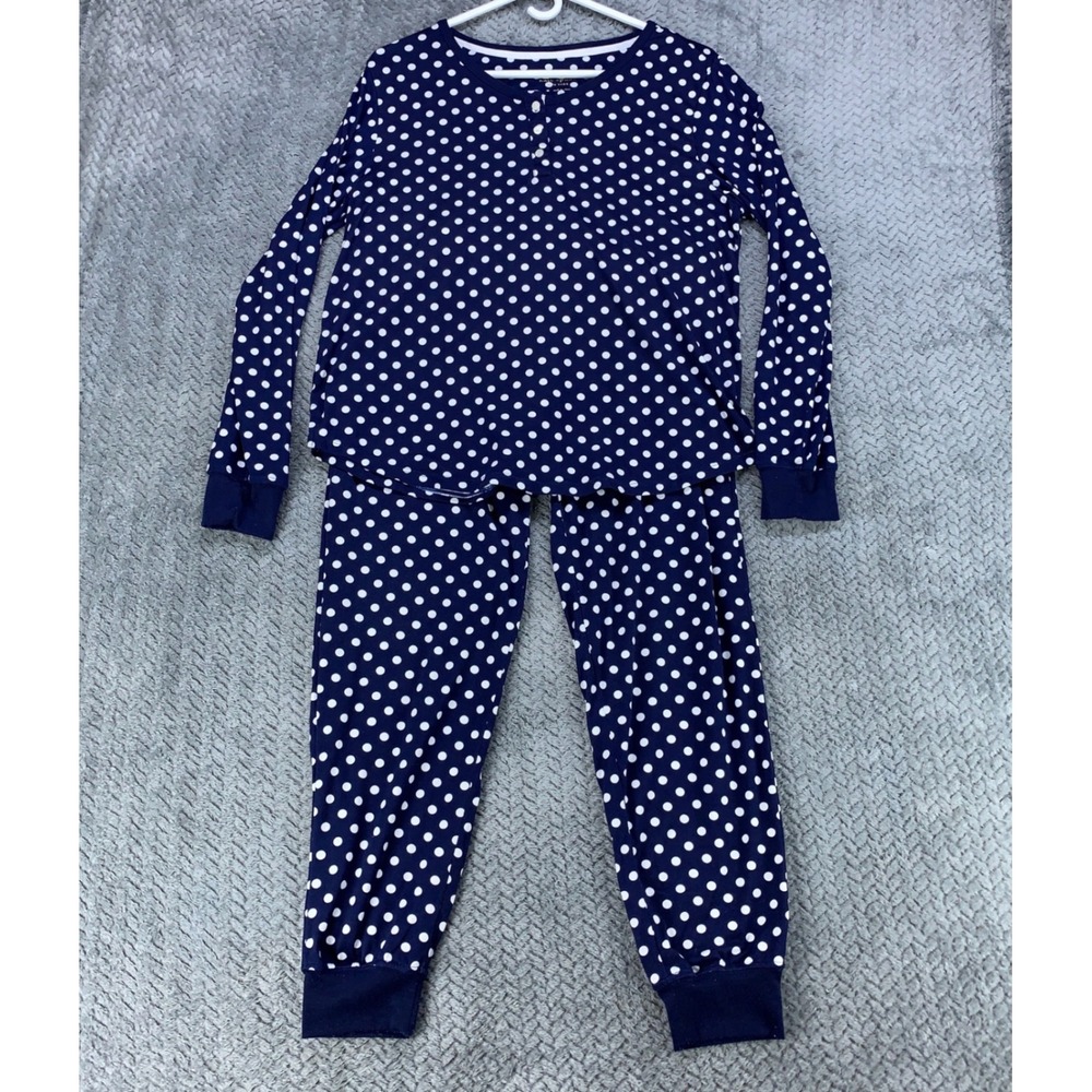 Kate Spade Pajama Set Womens M Navy Blue Polka Dot Henley Top Jogger Pants